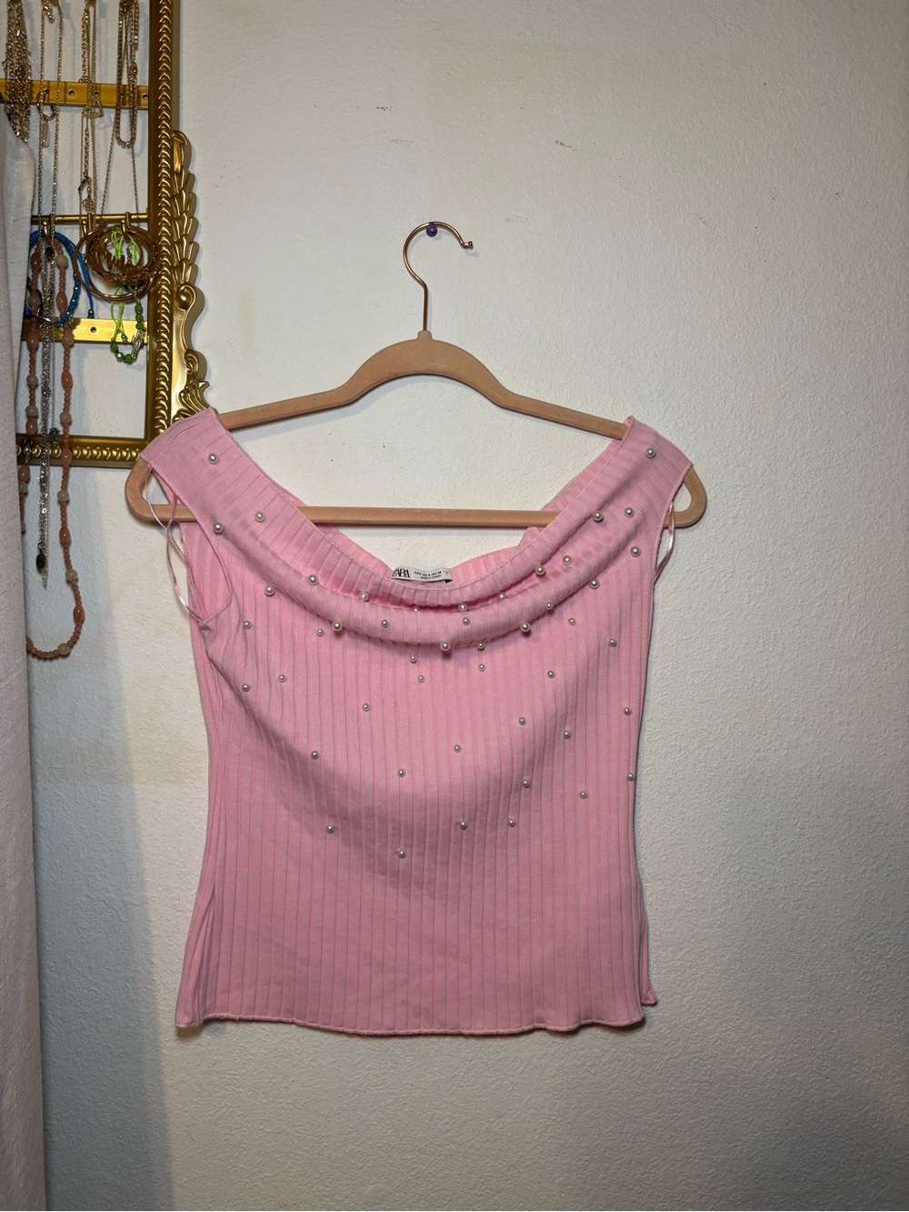Zara Pink Pearl-Accent Ribbed Cowl Neck Camisole